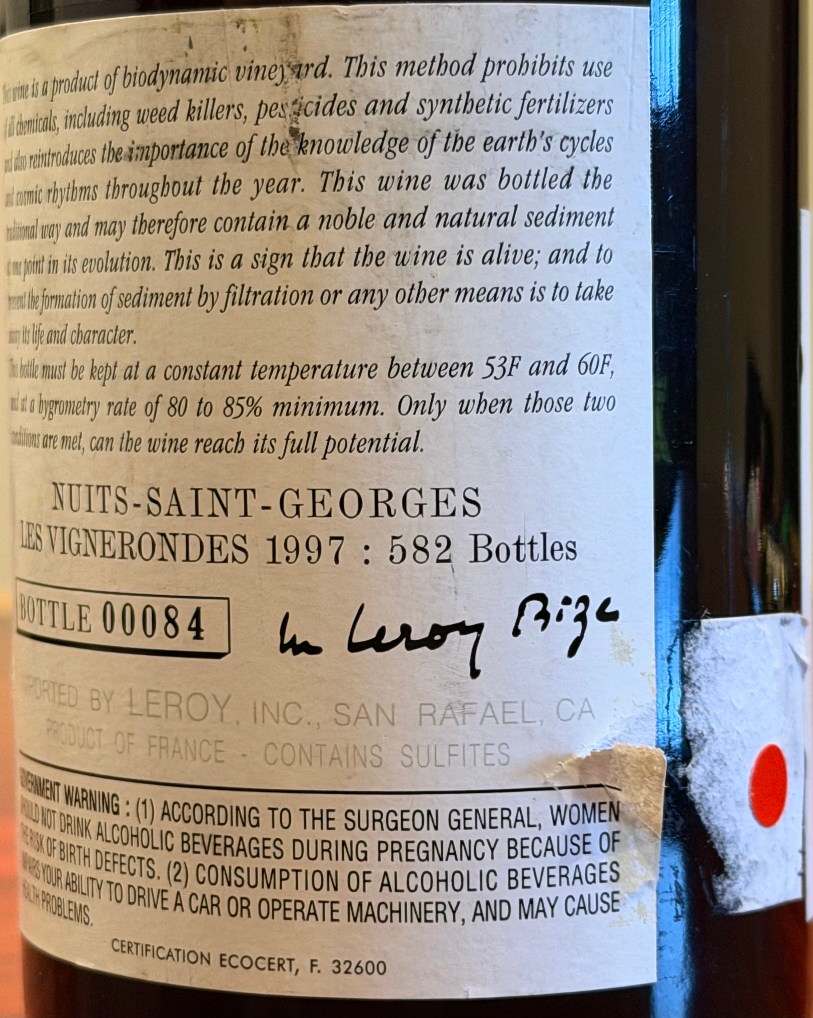 1997 ニュイ・サン・ジョルジュ 1er Cru ヴィーニュ・ロンド